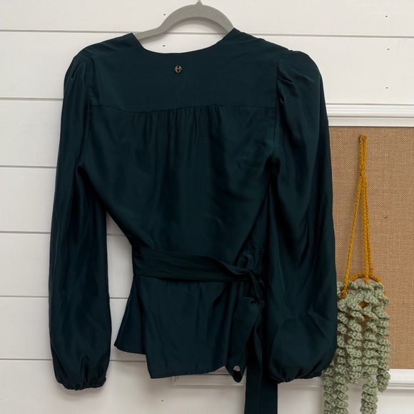 Marie Oliver Rare Silk Hunter Green Cross-front peplum blouse size XS - Picture 2 of 11